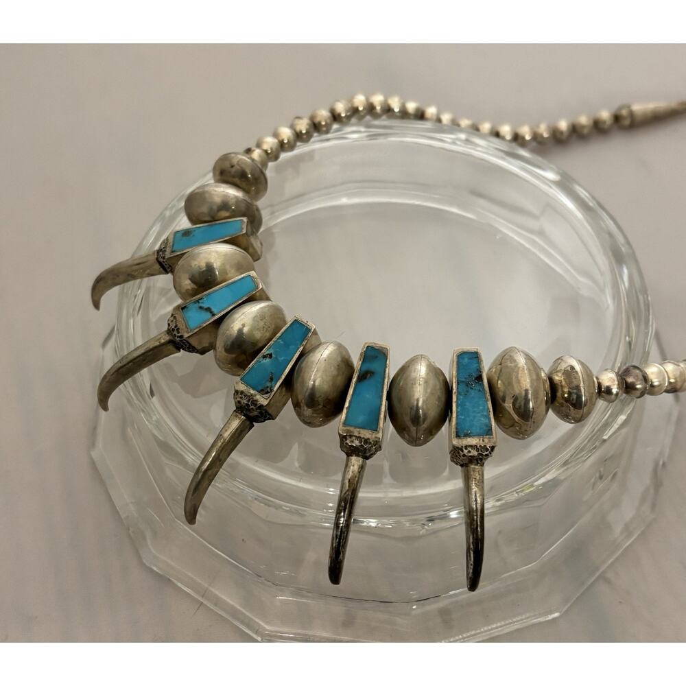 Vintage Navajo Sterling Turquoise Bear Claw/Bird Talon Bead Necklace 20.5”